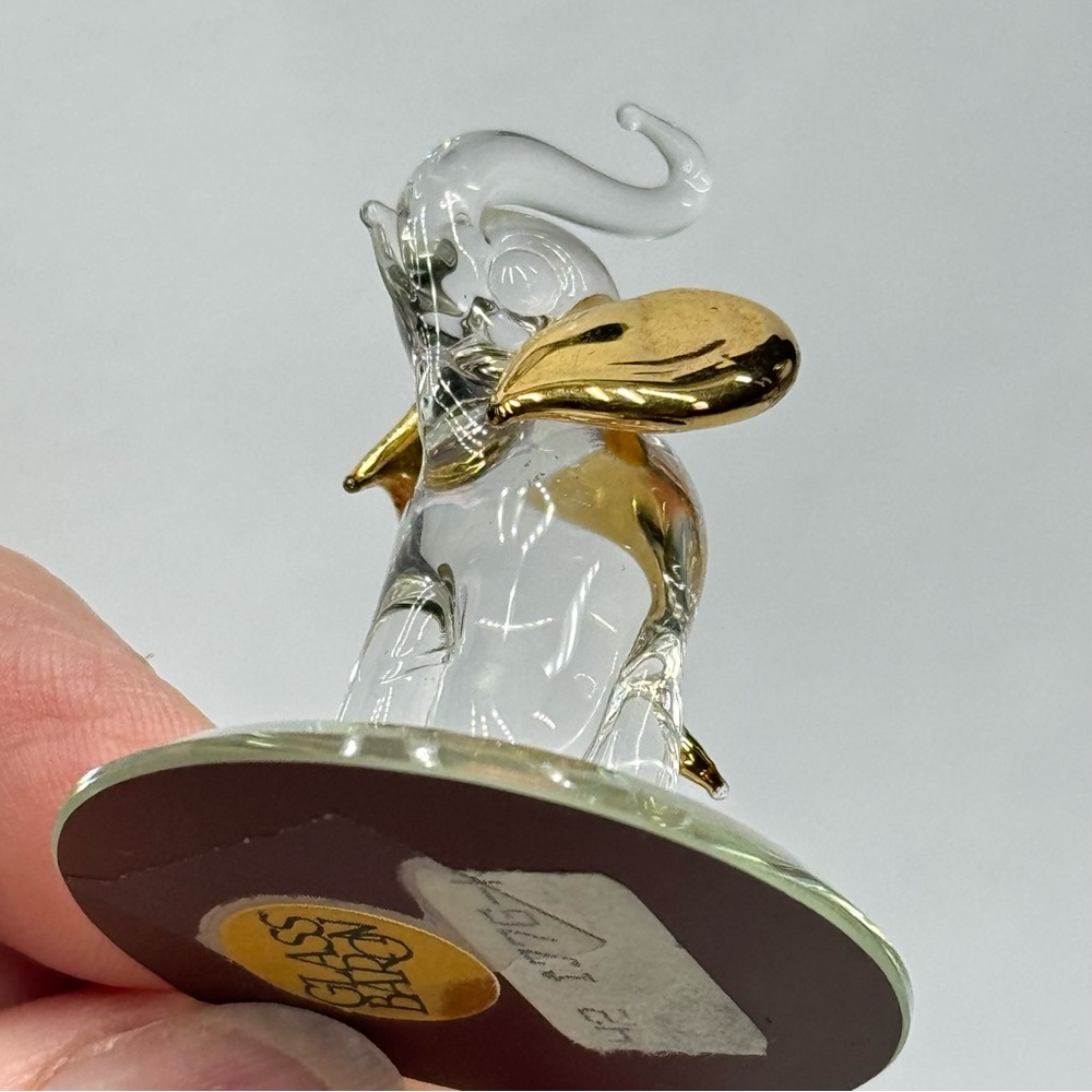 Glass Baron Handblown Clear Glass Elephant With Gold Ears Trunk Up EUC